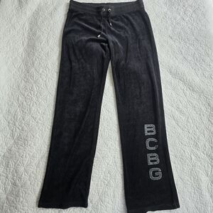 BCBG Black Velour Rhinestone Logo Track Pants
